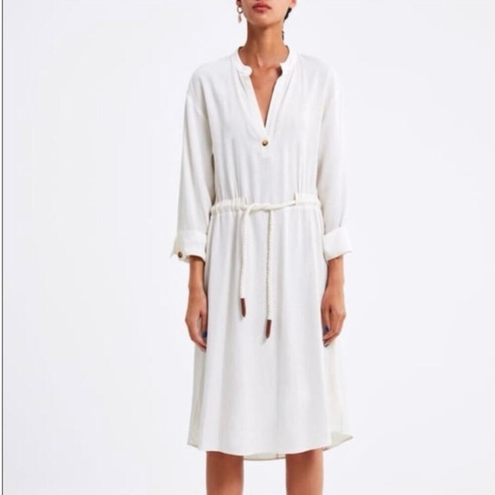 Zara Off White Cream Cotton Midi Shirt Dress Rope Tie Waist Size Large
